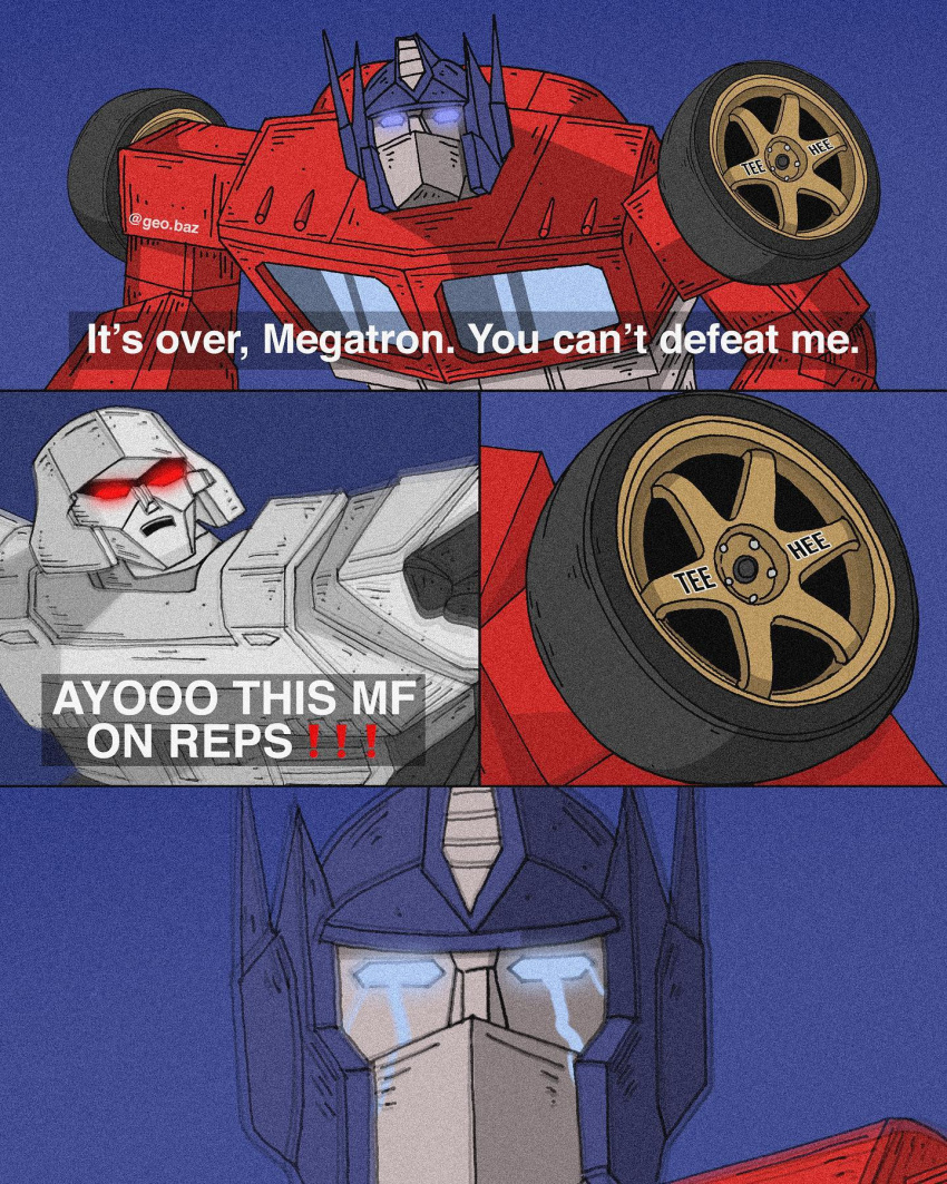 autobot crying decepticon english_text frown geo.baz glowing glowing_eyes highres instagram_username looking_at_viewer looking_up mecha megatron open_mouth optimus_prime parody pointing robot transformers transformers:_generation_1 wheel