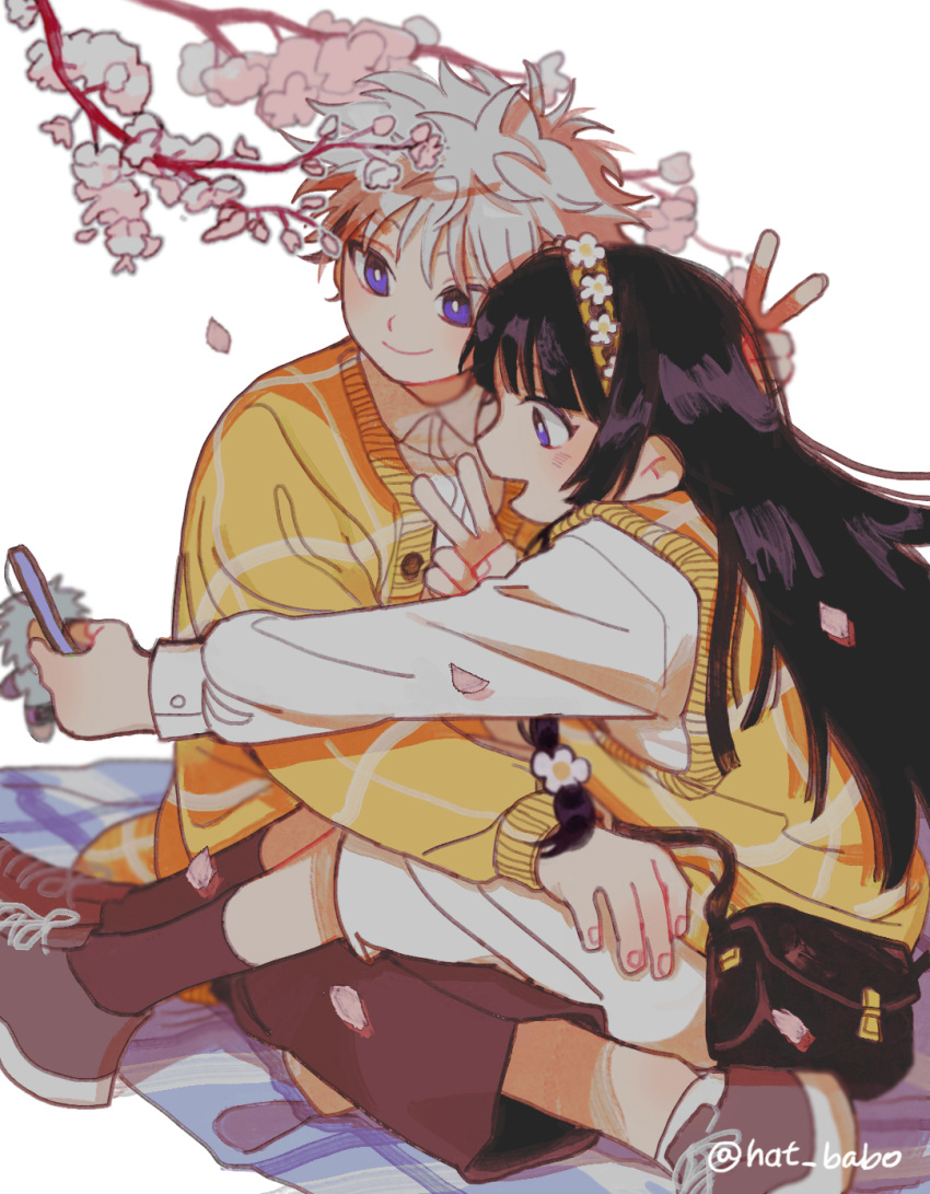 1boy 1girl alluka_zoldyck alternate_costume bag black_bag black_hair black_shorts blue_eyes bright_pupils brother_and_sister cardigan cellphone cherry_blossoms converse dress_shirt falling_petals flower flower_hairband hairband handbag hat_babo highres holding holding_phone hunter_x_hunter killua_zoldyck long_hair long_sleeves open_mouth outdoors petals phone picnic_blanket pink_flower pink_petals selfie shirt short_hair shorts siblings simple_background sitting sitting_on_person smartphone smile spiked_hair v white_background white_hair white_pupils white_shirt yellow_cardigan
