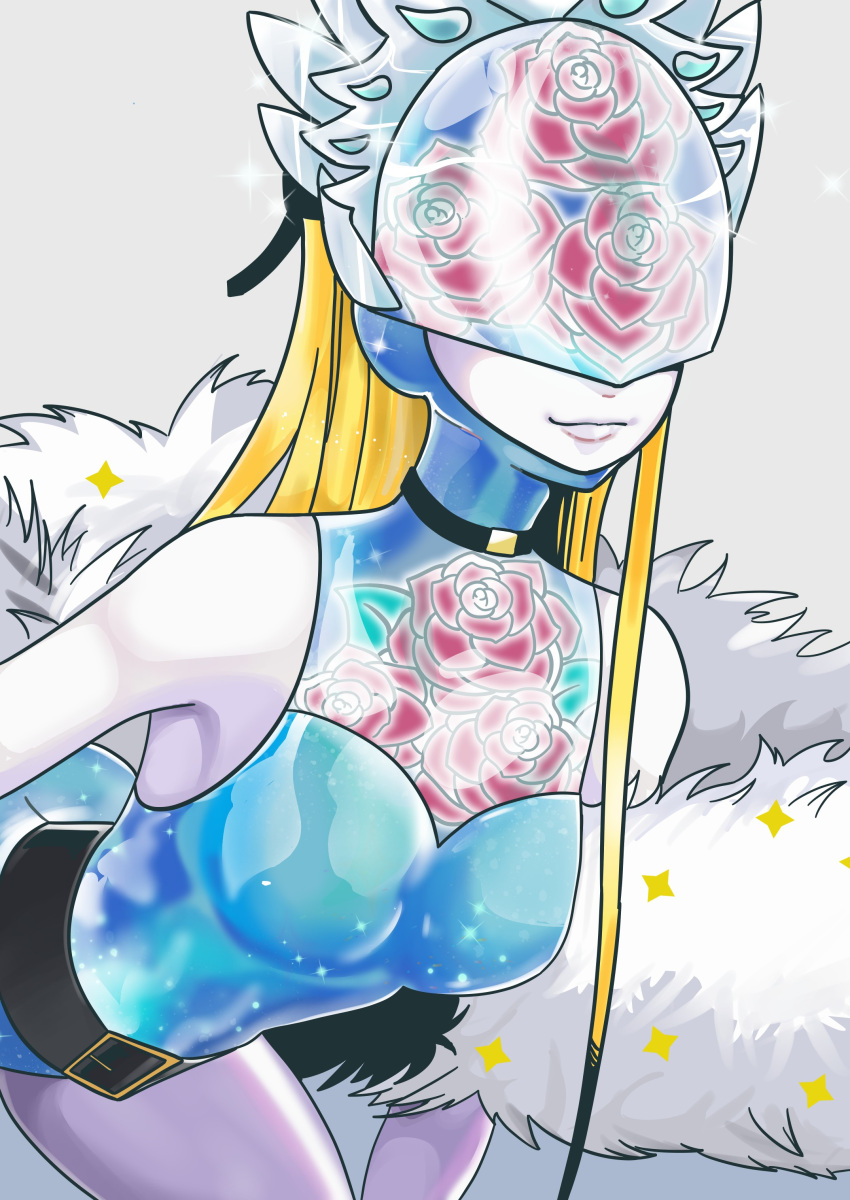 1girl absurdres aqua_leotard bare_shoulders belt bent_over blonde_hair breasts cendrillmon coat covered_eyes daniel_uribe digimon digimon_(creature) floral_print fur_trim helmet helmet_over_eyes highres long_hair looking_at_viewer off-shoulder_coat off_shoulder print_headwear print_leotard rose_print simple_background small_breasts smile solo star_(symbol) white_background white_coat