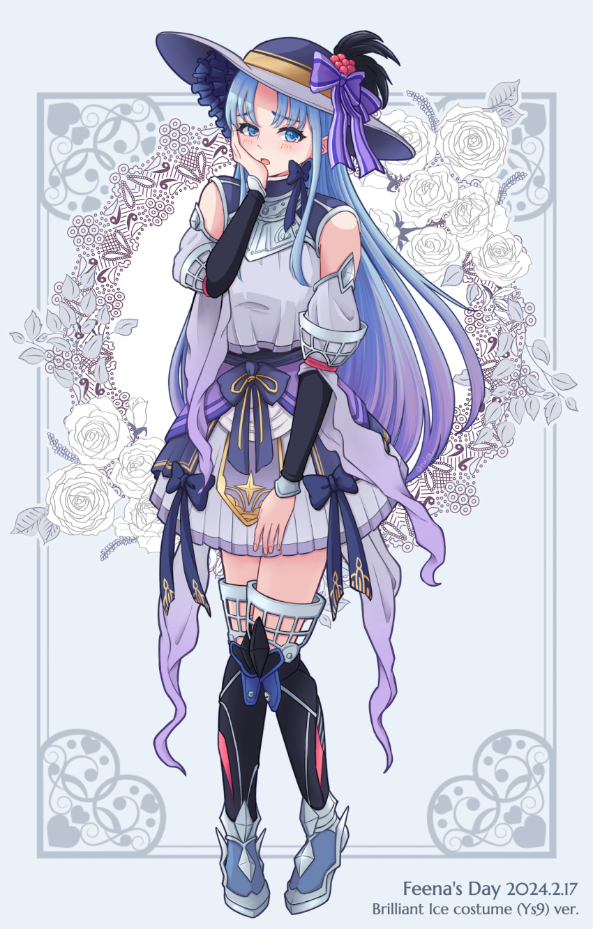 1girl alternate_costume ancient_ys_vanished armor armored_dress blue_background blue_eyes blue_hair blush border bow character_name commentary_request cosplay curtained_hair dated detached_sleeves doll_(ys) doll_(ys)_(cosplay) eyelashes feena_(ys) floral_background full_body gradient_hair hand_on_own_face hat hat_bow hat_feather highres inset_border long_hair multicolored_hair ornate_border pleated_skirt purple_bow purple_hair purple_headwear ruisa skirt solo standing sun_hat thighhighs two-tone_hair ys ys_ix_monstrum_nox