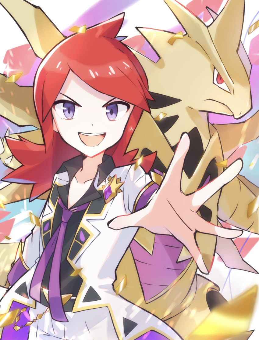 1boy :d aura closed_mouth commentary highres jewelry long_hair looking_at_viewer male_focus mega_tyranitar necktie open_mouth parted_bangs pokemon pokemon_(creature) pokemon_masters_ex purple_necktie reaching reaching_towards_viewer red_eyes red_hair sarada_(supersarada_zin) silver_(champion)_(pokemon) silver_(pokemon) smile teeth tyranitar upper_teeth_only v-shaped_eyebrows