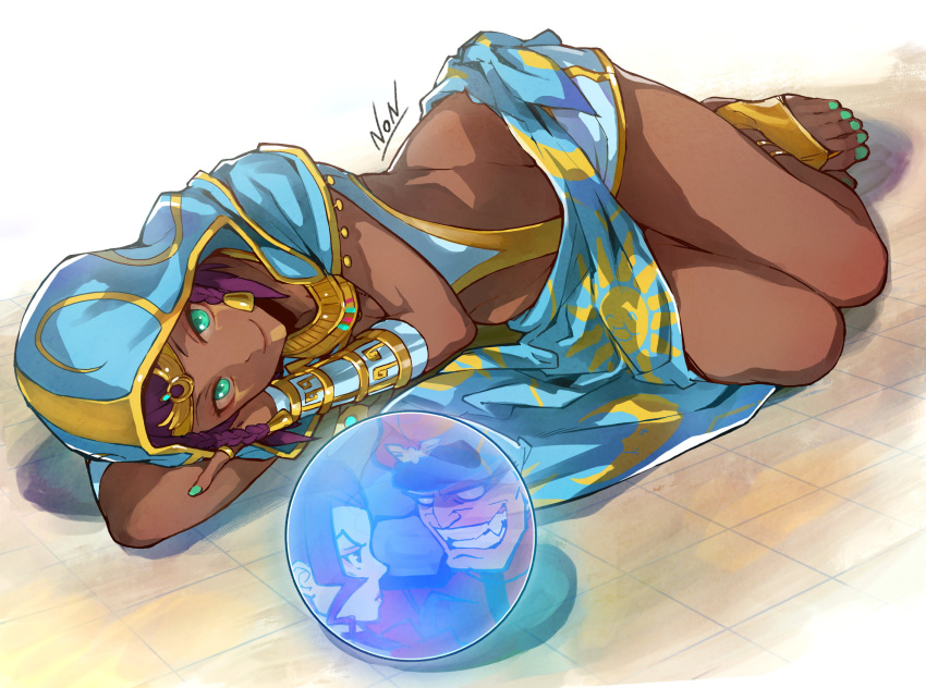 1girl dark-skinned_female dark_skin feet green_eyes highres kujou_non looking_at_viewer lying m._bison menat nail_polish orb purple_hair rose_(street_fighter) short_hair smile street_fighter street_fighter_v teeth toenails toes