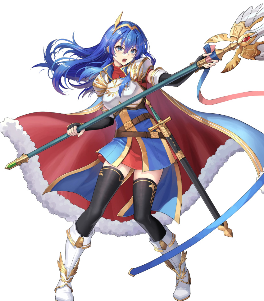 1girl armor attack black_gloves black_thighhighs blue_cape blue_eyes blue_hair breastplate caeda_(fire_emblem) caeda_(marth's_faithful)_(fire_emblem) cape elbow_gloves fingerless_gloves fire_emblem fire_emblem:_mystery_of_the_emblem fire_emblem_heroes fur-trimmed_cape fur_trim gloves highres holding holding_polearm holding_weapon long_hair multicolored_cape multicolored_clothes non-web_source official_alternate_costume official_art open_mouth polearm red_cape sheath solo sword thighhighs tiara v-shaped_eyebrows weapon white_footwear wing_hair_ornament
