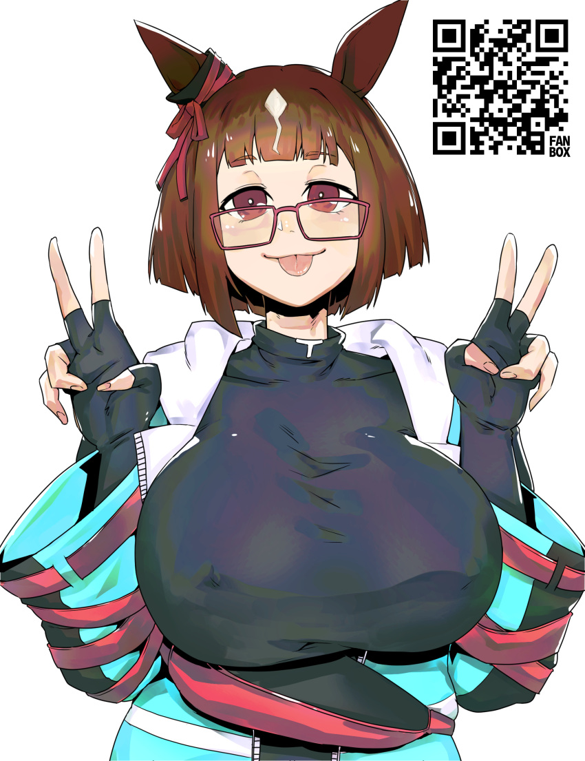 1girl absurdres animal_ears black_sweater blue_jacket breasts brown_hair closed_mouth commentary_request double_v ear_ornament glasses highres horse_ears horse_girl jacket jacket_partially_removed large_breasts long_sleeves minew multicolored_clothes multicolored_hair multicolored_jacket qr_code red-framed_eyewear red_eyes short_hair simple_background smile solo streaked_hair sweater tongue tongue_out transcend_(umamusume) umamusume v white_background white_hair