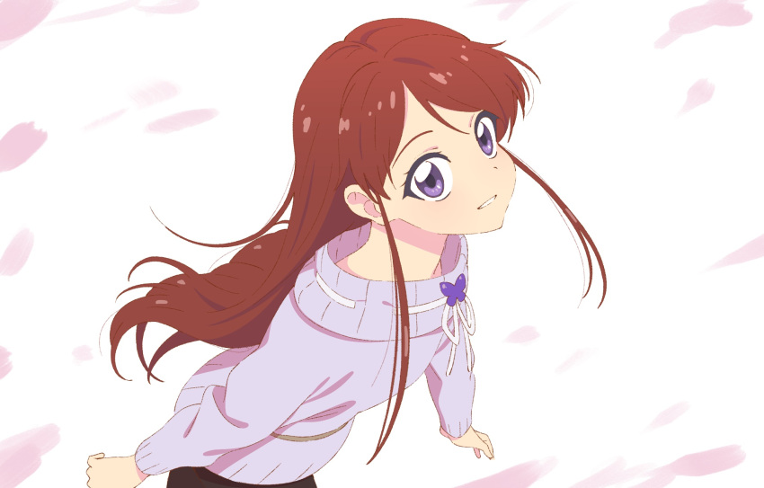 1girl aikatsu! aikatsu!_(series) blush brown_hair highres long_hair looking_at_viewer parted_lips petals purple_eyes semham shibuki_ran smile solo sweater upper_body