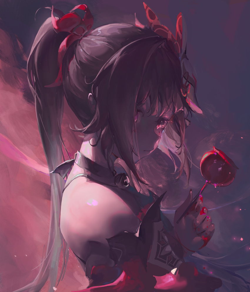 1girl absurdres backless_outfit bare_shoulders bell black_choker brown_hair candy_apple choker closed_mouth commentary expressionless food fox_mask from_side furioso hair_ribbon hand_up highres holding honkai:_star_rail honkai_(series) long_hair looking_at_viewer mask mask_on_head neck_bell pink_eyes red_nails red_ribbon red_sleeves ribbon solo sparkle_(honkai:_star_rail) twintails upper_body