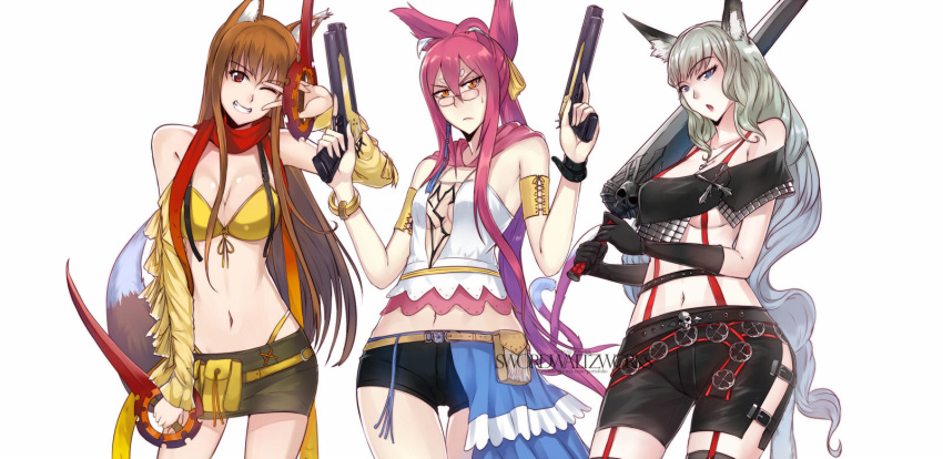 3girls animal_ears belt_pouch black_gloves blazblue blue_eyes blue_hair breasts brown_hair cat_ears cat_girl cat_tail cleavage commission copyright_request cosplay final_fantasy final_fantasy_x final_fantasy_x-2 frown glasses gloves gradient_hair green_hair gun highres holding holding_gun holding_weapon holo kokonoe_(blazblue) long_hair looking_at_viewer miniskirt multicolored_hair multiple_girls navel one_eye_closed open_mouth orange_eyes paine_(ff10) paine_(ff10)_(cosplay) panty_straps parted_lips pink_hair pouch red_eyes rikku_(ff10) rikku_(ff10)_(cosplay) short_shorts shorts skirt smile spice_and_wolf sword swordwaltzworks tail teeth thighs two-tone_hair v weapon white_background wolf_ears wolf_girl wolf_tail yuna_(ff10) yuna_(ff10)_(cosplay) yuzuruha