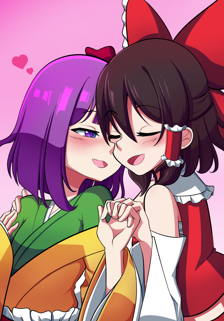 2girls bare_shoulders blush bmkro bow closed_eyes commentary commission detached_sleeves english_commentary gradient_background green_kimono hair_bow hakurei_reimu hieda_no_akyuu highres japanese_clothes kimono multiple_girls open_mouth pink_background purple_eyes purple_hair red_bow red_shirt shirt touhou upper_body yuri