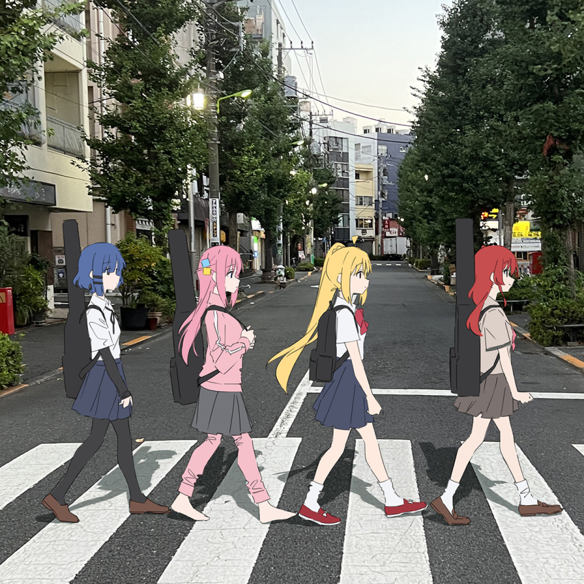 4girls abbey_road ahoge album_cover album_cover_redraw bag barefoot black_pantyhose black_skirt blonde_hair blue_eyes blue_hair blue_skirt bocchi_the_rock! bow bowtie brown_footwear building closed_mouth collared_shirt cover crosswalk cube_hair_ornament day derivative_work from_side gotoh_hitori grey_skirt guitar_case hair_ornament ijichi_nijika instrument_case instrument_on_back jacket kita_ikuyo loafers long_hair long_sleeves multiple_girls one_side_up outdoors pants pants_under_skirt pantyhose photo_background pink_hair pink_jacket pink_pants pleated_skirt profile red_bow red_footwear red_hair road sailor_collar school_uniform serafuku shimokitazawa_high_school_uniform shirt shoes short_hair short_sleeves shuka_high_school_uniform side_ponytail sidelocks skirt socks street taku1122 the_beatles track_jacket tree walking white_shirt white_socks yamada_ryo yellow_eyes