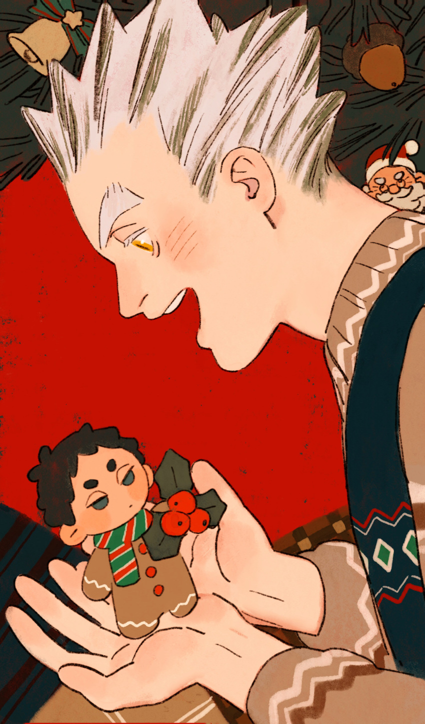 1boy absurdres acorn akaashi_keiji bell bokuto_koutarou brown_sweater character_doll chengongzi123 christmas_ornaments commentary grey_hair haikyuu!! hands_up highres in_palm long_sleeves looking_at_object male_focus multicolored_hair open_mouth red_background santa_claus scarf short_hair streaked_hair sweater symbol-only_commentary thick_eyebrows upper_body very_short_hair yellow_eyes