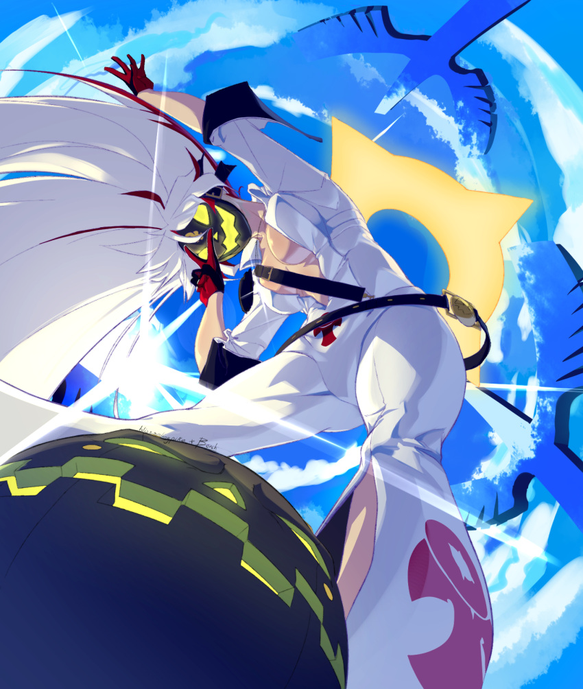 1girl ankh_print ball_and_chain_restraint bell-bottoms black_gloves blizzardingpike bodysuit borcheim breasts compass_rose_halo dorpos front_slit gloves glowing_mouth green_eyes grey_mask guilty_gear guilty_gear_xrd hair_between_eyes halo highres jack-o'_valentine large_breasts long_hair long_sleeves looking_at_viewer multicolored_hair open_mouth pants pumpkin_mask red_hair skull_belt two-tone_hair white_bodysuit white_hair