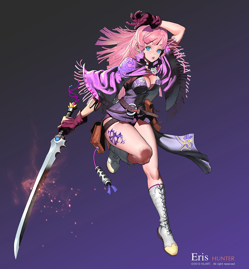 bad_id bad_pixiv_id belt blue_eyes boots breasts cleavage gloves highres kilart leg_lift legs medium_breasts original pink_hair simple_background solo sword weapon