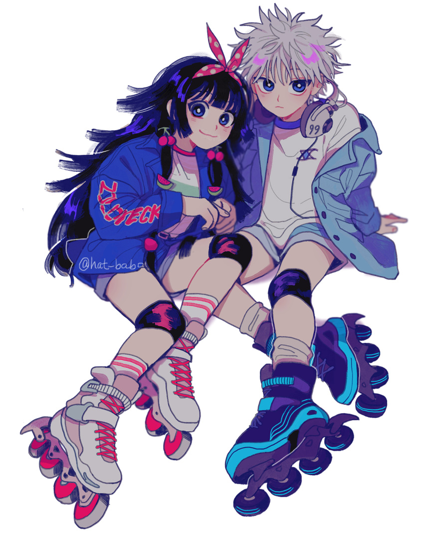 :3 alluka_zoldyck alternate_costume black_hair blue_eyes blue_jacket blue_shorts blunt_bangs blunt_sidelocks bright_pupils hat_babo headphones headphones_around_neck highres hunter_x_hunter inline_skates jacket killua_zoldyck knee_pads leaning_on_person long_hair open_clothes open_jacket roller_skates shirt short_hair shorts simple_background sitting skates smile socks white_background white_hair white_pupils white_shirt white_socks