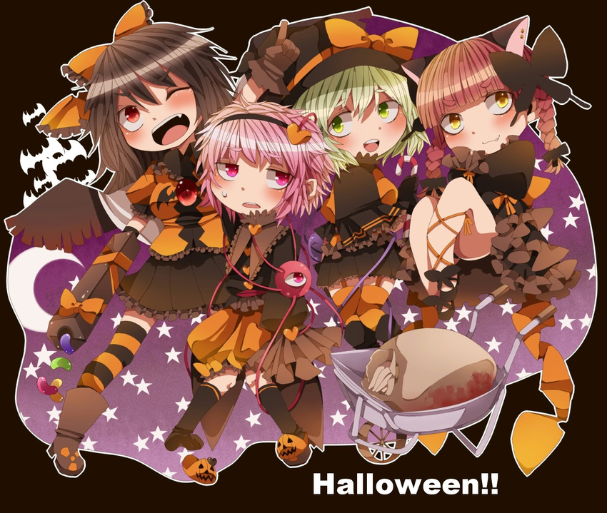 :3 alternate_color animal_ears bad_id bad_pixiv_id bat black_hair black_wings blood blush boots candy cape cat_ears chibi crescent_moon english eyeball fang food frilled_skirt frilled_sleeves frills fruit garters gloves green_eyes green_hair hairband halloween hat highres hikimayu jelly_bean kaenbyou_rin kneehighs komeiji_koishi komeiji_satori long_sleeves moon multiple_girls one_eye_closed orange pink_eyes pink_hair pleated_skirt pointing pote_(aonibi_kairou) puffy_sleeves radiation_symbol red_eyes red_hair reiuji_utsuho skirt sleeves_past_wrists slippers star starry_background striped striped_legwear sweatdrop thighhighs touhou wheelbarrow wings yellow_eyes