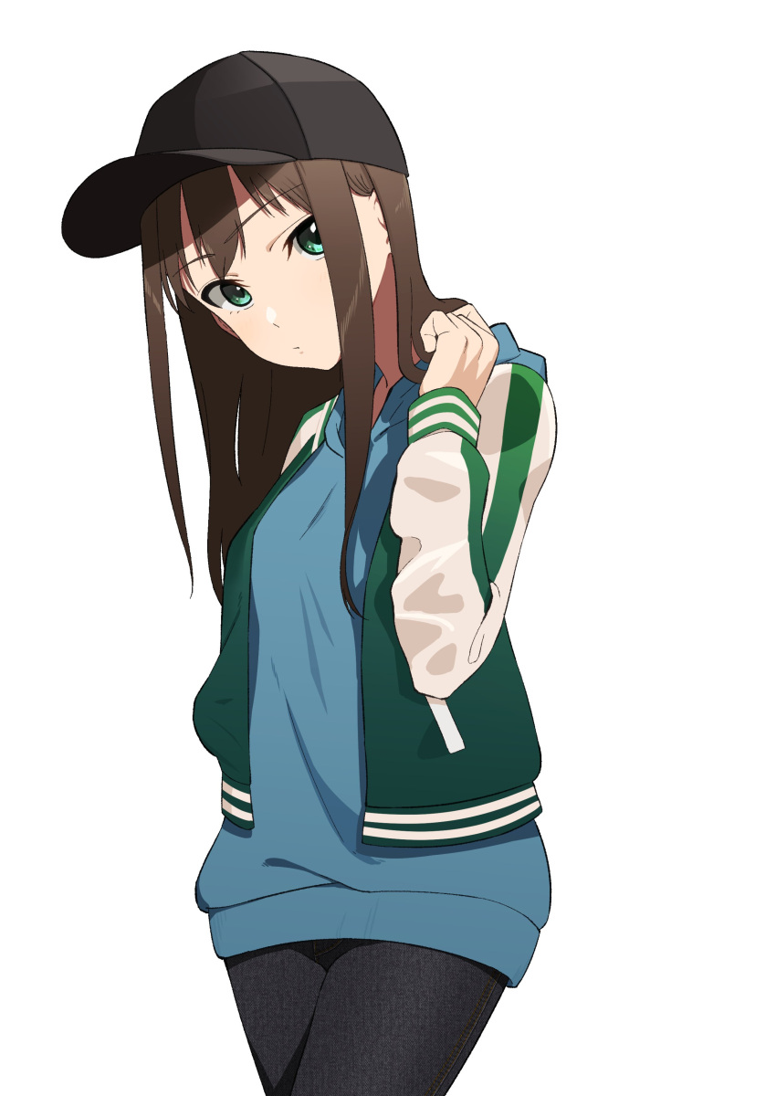 1girl absurdres baseball_cap black_pants blue_hoodie breasts brown_hair cowboy_shot denim garuku1120 green_eyes green_jacket hand_up hat highres hood hood_down hoodie idolmaster idolmaster_cinderella_girls jacket jeans letterman_jacket long_hair looking_at_viewer open_clothes open_jacket pants shibuya_rin simple_background solo white_background