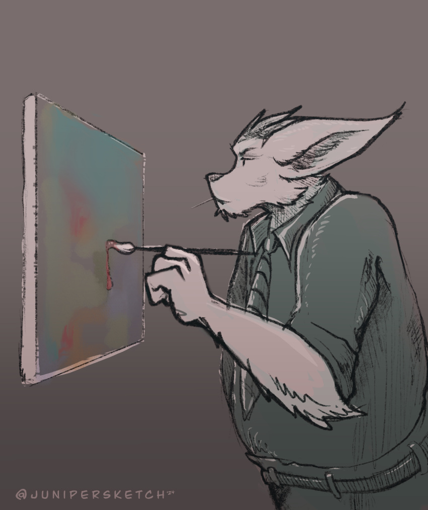 abstract_art belt brush clothed clothing focused fur gradient_background hi_res junipersketch long_ears muted_colors necktie paintbrush painting rexouium simple_background simple_coloring suit toothpick white_body white_fur