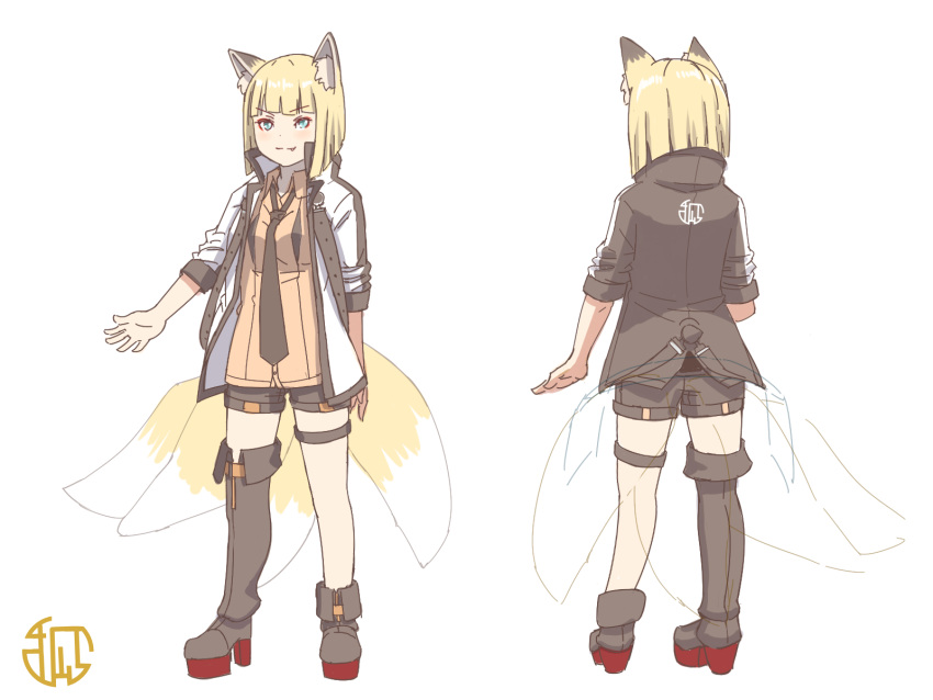&gt;:) 1girl animal_ear_fluff animal_ears asymmetrical_footwear black_footwear black_jacket black_necktie black_shorts blonde_hair blue_eyes boots breasts brown_shirt closed_mouth collared_shirt commentary_request dress_shirt fang fang_out fox_ears fox_girl fox_tail highres jacket kitsune kuro_kosyou long_sleeves multiple_views necktie open_clothes open_jacket original shirt shorts simple_background single_thigh_boot small_breasts smile standing tail thigh_boots v-shaped_eyebrows white_background white_jacket x-ray