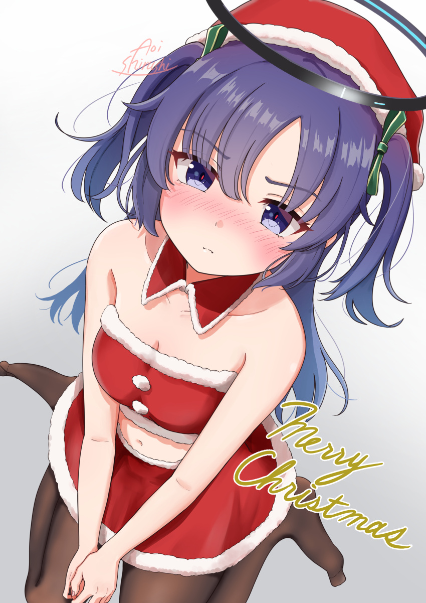 1girl absurdres blue_archive blush breasts cleavage cowboy_shot detached_collar flustered from_above hat highres konatsu_miki medium_hair navel pantyhose purple_eyes purple_hair santa_costume santa_hat seiza sitting solo thighhighs twintails yuuka_(blue_archive)