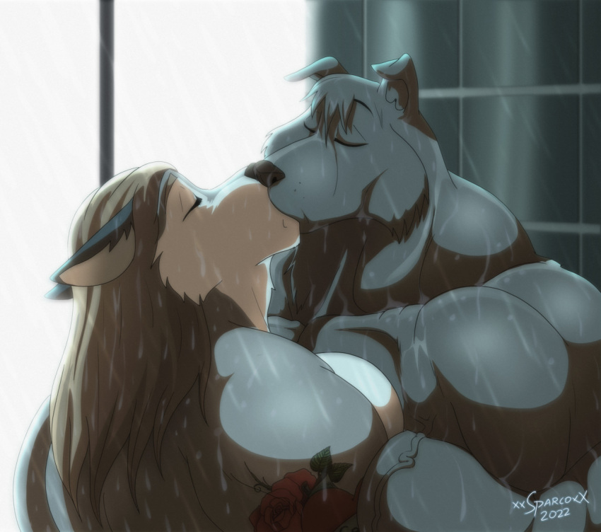 2022 anthro anthro_on_anthro arm_tattoo black_nose breasts brown_hair canid canine canis duo eyes_closed female fur grey_body grey_fur hair intimate kiss_on_lips kissing male male/female mammal muscular muscular_anthro muscular_male nude overweight overweight_anthro overweight_female romantic romantic_ambiance romantic_couple signature sophia_(xxsparcoxx) tattoo water wet wet_body wet_fur wet_hair wolf xxsparcoxx zil_(zilch1998)