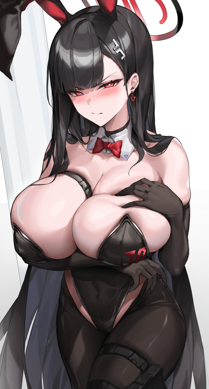 1girl absurdres animal_ears arm_under_breasts black_gloves black_hair black_leotard blue_archive blush bow bowtie breasts earrings elbow_gloves fake_animal_ears gloves hair_ornament hairclip halo hand_on_own_chest highres huge_breasts jewelry large_breasts leotard long_hair looking_at_viewer playboy_bunny red_bow red_bowtie red_eyes rio_(blue_archive) samart solo white_background