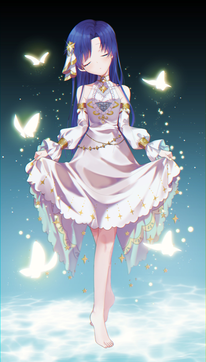 1girl absurdres bare_shoulders barefoot belly_chain blue_background blue_hair blush bug butterfly closed_eyes closed_mouth detached_sleeves dress flat_chest full_body glint highres idolmaster idolmaster_(classic) idolmaster_million_live! idolmaster_million_live!_theater_days jewelry kisaragi_chihaya light_particles long_hair long_sleeves lunim_(roo_0_0) skirt_hold sleeveless sleeveless_dress solo standing tiptoes white_dress