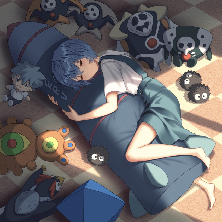 1girl angel_(evangelion) ayanami_rei barefoot bird blue_hair blue_skirt blush body_pillow character_doll checkered_floor closed_eyes closed_mouth collared_shirt commentary dress_shirt eyelashes hair_between_eyes highres hugging_object israfel_(evangelion) lying missile nagisa_kaworu nap neon_genesis_evangelion on_side penguin penpen pillow ramiel_(evangelion) sachiel_(evangelion) sahaquiel_(evangelion) school_uniform shadow shirt short_hair short_sleeves skirt sleeping smile solo studio_ghibli stuffed_toy suspender_skirt suspenders susuwatari tokyo-3_middle_school_uniform white_shirt yahha zeruel_(evangelion)