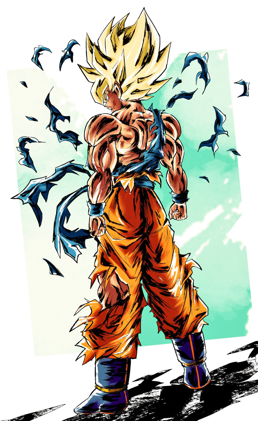 1boy absurdres ankle_boots back battle_damage blonde_hair blood blood_from_mouth blue_sash blue_shirt blue_wristband boots clenched_hand dougi dragon_ball dragon_ball_z green_eyes highres injury male_focus muscular muscular_male official_style oharu2000 orange_pants pants sash shiny_skin shirt solo son_goku spiked_hair standing super_saiyan super_saiyan_1 toriyama_akira_(style) torn_clothes torn_pants torn_shirt wristband