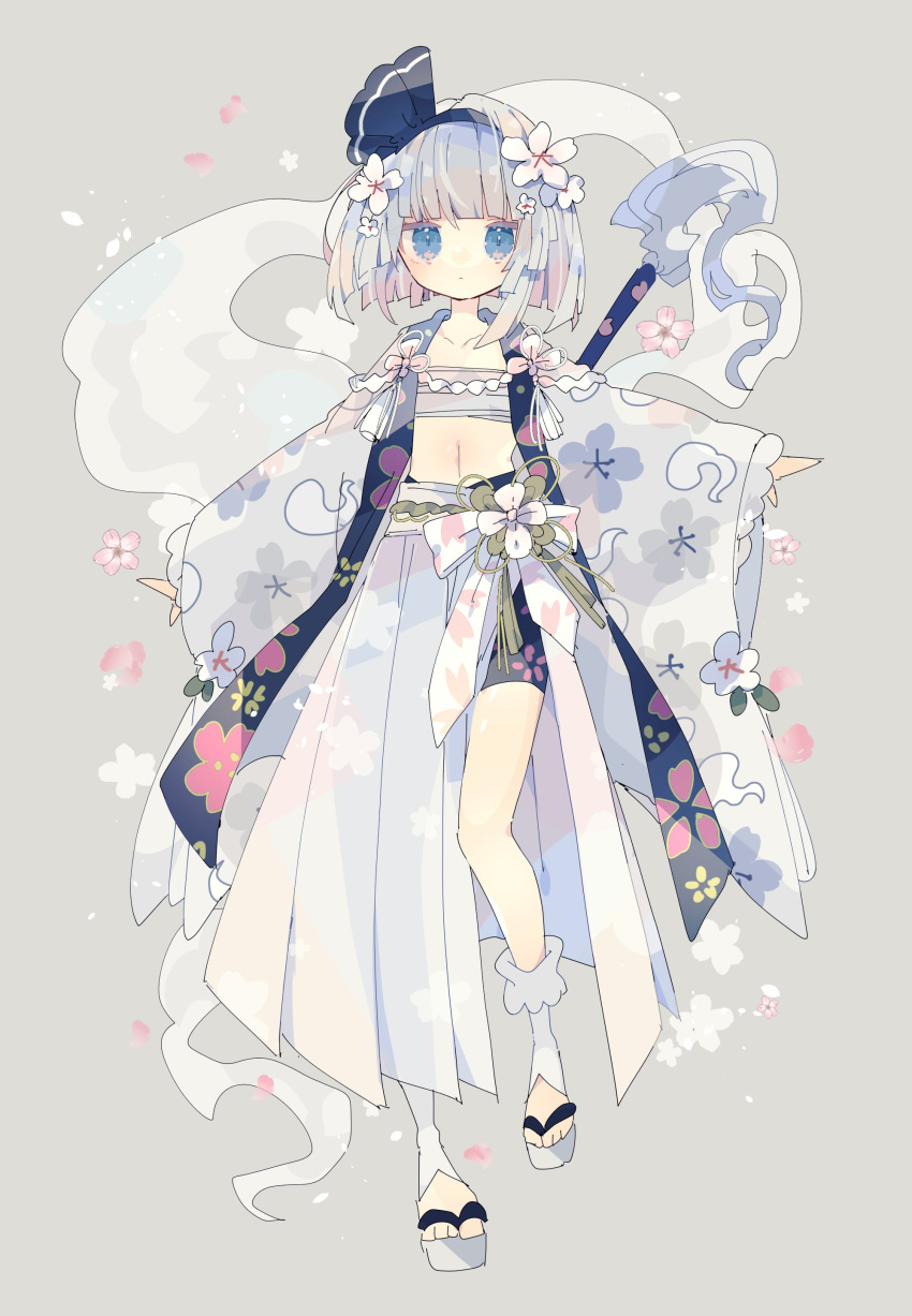 1girl absurdres androgynous bandaged_chest bare_legs blue_eyes blue_hairband blunt_bangs bob_cut chest_binder collarbone expressionless falling_petals flat_chest floral_print floral_print_shorts flower fog full_body ghost grey_background hair_flower hair_ornament hairband highres japanese_clothes konpaku_youmu looking_at_viewer navel nikorashi-ka outstretched_arms petals short_hair skirt solo spread_arms standing stomach touhou white_footwear white_hair white_skirt wide_sleeves