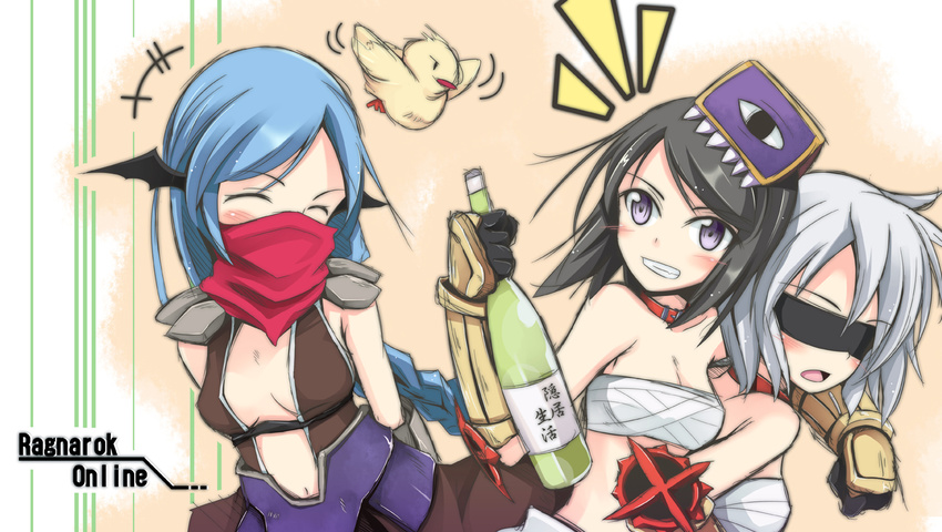 alcohol assassin_cross blindfold bottle hat mask multiple_girls ogami_kazuki ragnarok_online scarf shura_(ragnarok_online) smile