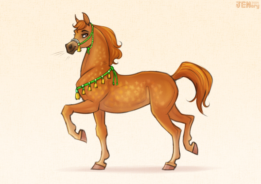 2023 ambiguous_gender digital_media_(artwork) english_text equid equine eyebrows feral hair halter hi_res hooves horse jenery mammal mane orange_body orange_eyes orange_hair orange_mane orange_tail raised_leg raised_tail rope_around_neck simple_background smile solo tail text watermark