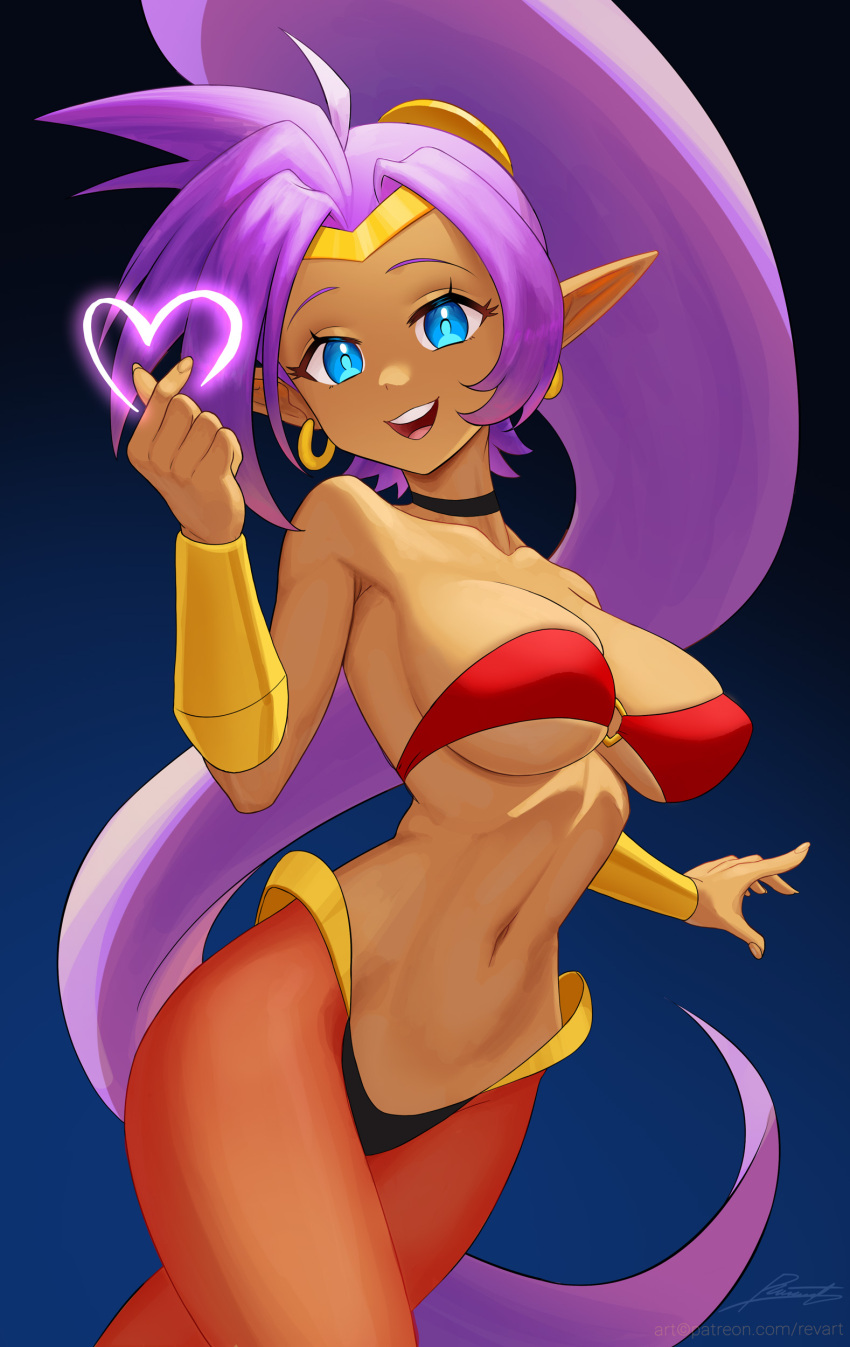 2024 absurd_res bandeau blue_eyes breasts bulging_breasts choker circlet clothing ear_piercing ear_ring eyebrows eyelashes female genie hair heart_symbol hi_res humanoid humanoid_pointy_ears jewelry long_hair looking_at_viewer midriff navel necklace not_furry open_mouth open_smile piercing ponytail purple_hair revenant_(artist) ring_piercing shantae shantae_(series) smile solo topwear wayforward