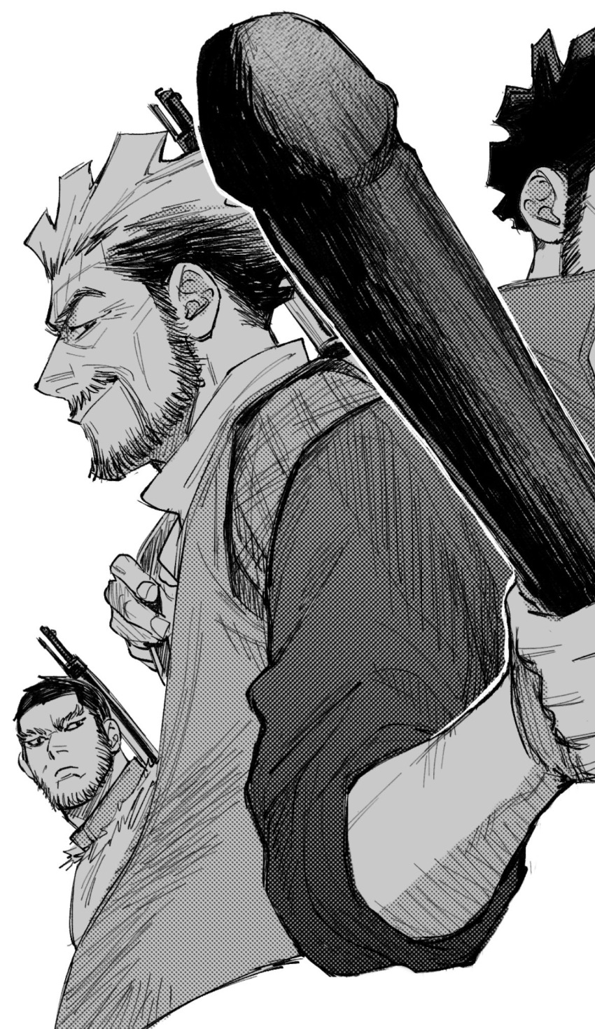 2boys arisaka beard bolt_action cropped_torso facial_hair full_beard golden_kamuy greyscale gun highres jo_tuesday19 long_sleeves looking_at_another looking_at_viewer male_focus mature_male monochrome multicolored_hair multiple_boys nihei_tetsuzou old old_man profile rifle scar scar_on_face short_hair sideways_glance simple_background smile stubble tanigaki_genjirou thick_eyebrows two-tone_hair weapon