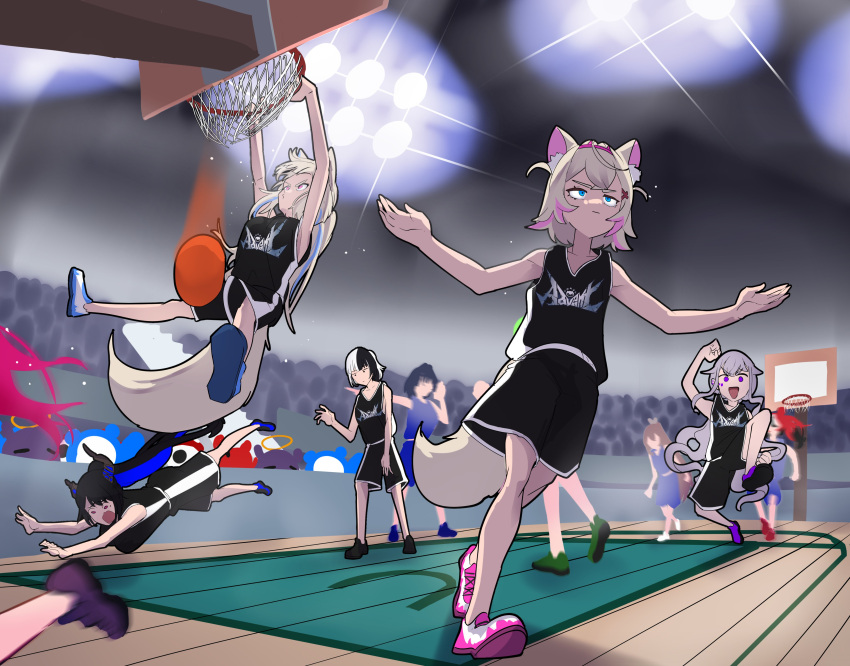 6+girls 6+others absurdres alternate_costume ball basketball_(object) basketball_court basketball_jersey basketball_uniform black_hair blonde_hair blue_hair blurry blurry_background closed_mouth crowd dog_girl doggystyle fuwawa_abyssgard hakos_baelz highres hololive hololive_english irys_(hololive) jersey koizumi_arata koseki_bijou long_hair meme mococo_abyssgard multiple_girls multiple_others nanashi_mumei national_basketball_association nerissa_ravencroft official_alternate_costume open_mouth ouro_kronii outstretched_arms purple_hair red_hair running shiori_novella shoes slam_dunk_(basketball) sneakers sportswear spread_arms wade-lebron_dunk_picture white_hair