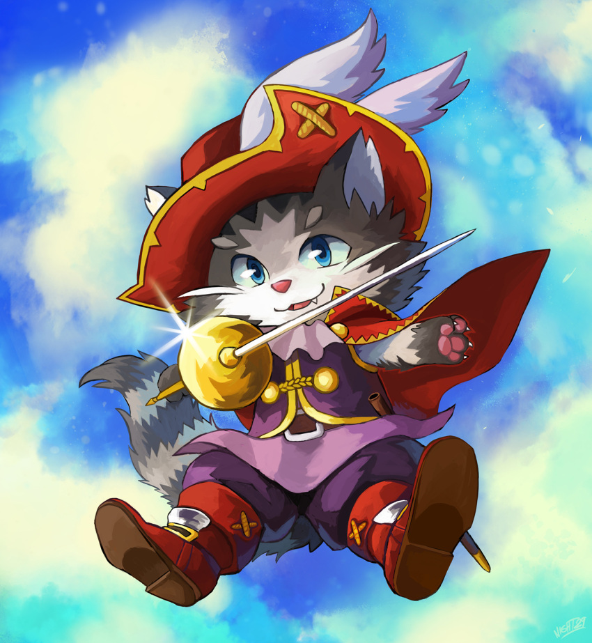 4_fingers anthro biped blue_eyes boots bushiroad cat-sith celtic_mythology claws clothing cute_fangs domestic_cat european_mythology felid feline felis finger_claws fingers footwear future_card_buddyfight hi_res holding_object holding_rapier holding_sword holding_weapon looking_at_viewer male mammal melee_weapon midair mythology nightsanghaw pink_nose raccoon_tail rapier semi-anthro sky_background solo sword weapon whiskers