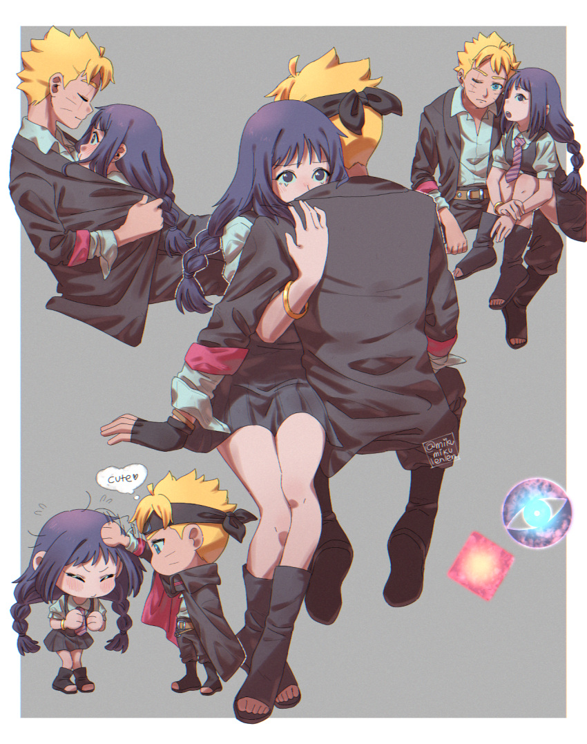 1boy 1girl ariamikukanzaki belt black_cloak black_dress black_gloves black_headband black_jacket blonde_hair blue_eyes boruto:_two_blue_vortex bracelet braid brown_belt cloak commentary_request dress facial_mark fingerless_gloves forehead_protector frown gloves headband headpat highres hug invisible_chair jacket jewelry kakei_sumire loose_hair_strand low_twin_braids naruto_(series) one_eye_closed pleated_dress purple_eyes purple_hair scar scar_across_eye shared_clothes shoes short_dress sitting toeless_footwear twin_braids twitter_username uzumaki_boruto whisker_markings