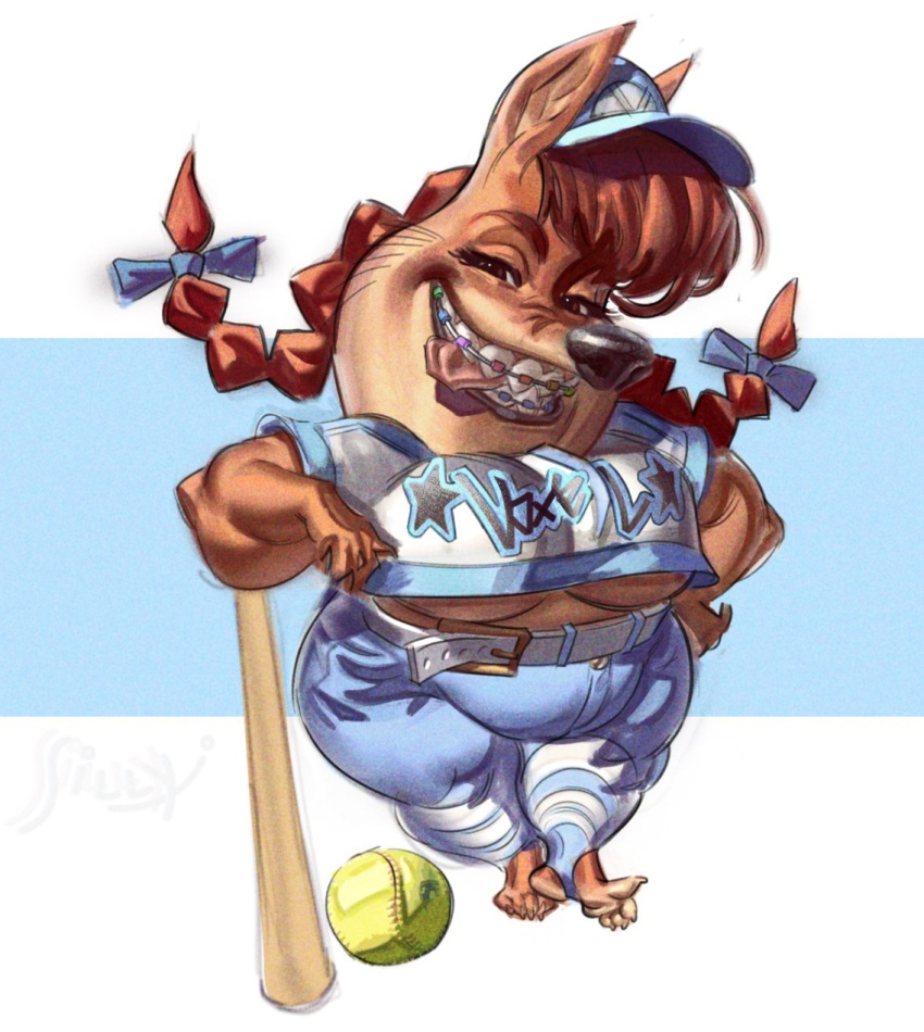 anthro baseball_uniform blue_clothing braces breasts canid canine chicken_little_(2005) clothed clothing disney female fox foxy_loxy_(2005) hi_res mammal pigtails short_stack simple_background smile solo sportswear under_boob uniform