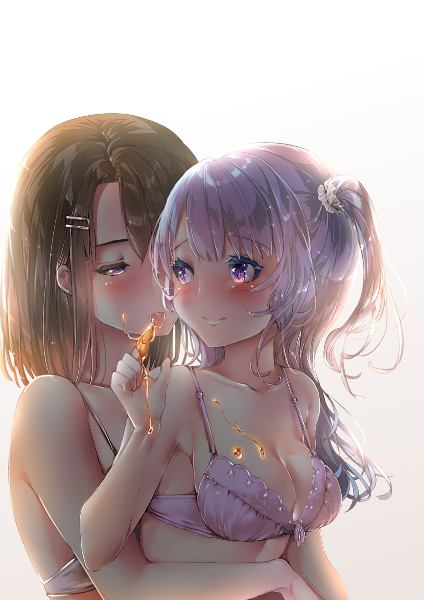 2girls alternate_hair_color bang_dream! black_hair blush bra breasts brown_hair cleavage collarbone food food_on_body hair_ornament hairclip highres honey hug hug_from_behind licking long_hair looking_at_another matsubara_kanon medium_breasts medium_hair momonipu multiple_girls non-web_source okusawa_misaki one_side_up open_mouth purple_eyes purple_hair smile tongue underwear upper_body white_background yuri