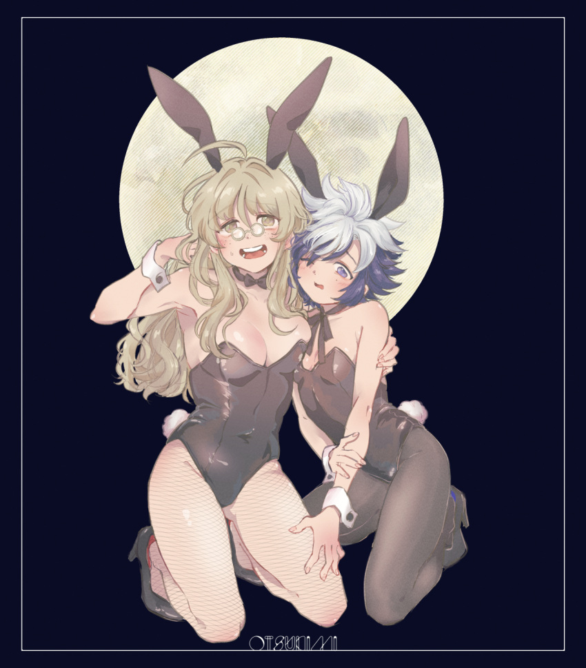 2girls alternate_costume animal_ears arm_around_shoulder bare_shoulders black_bow black_bowtie black_footwear black_leotard black_pantyhose black_ribbon blonde_hair blush bow bowtie breasts covered_navel fake_animal_ears fishnet_pantyhose fishnets freckles full_body full_moon furrowed_brow glasses hand_in_own_hair hand_up high_heels highres holding_own_arm itsuka_(this_communication) kneeling leotard long_hair looking_at_viewer masao_(ebi_no_osushi) medium_breasts mole mole_under_eye moon multicolored_hair multiple_girls mutsu_(this_communication) neck_ribbon nervous_smile one_eye_closed open_mouth pantyhose pince-nez purple_eyes purple_hair rabbit_ears ribbon round_eyewear short_hair small_breasts smile strapless strapless_leotard sweatdrop this_communication tsukimi two-tone_hair white_hair wrist_cuffs