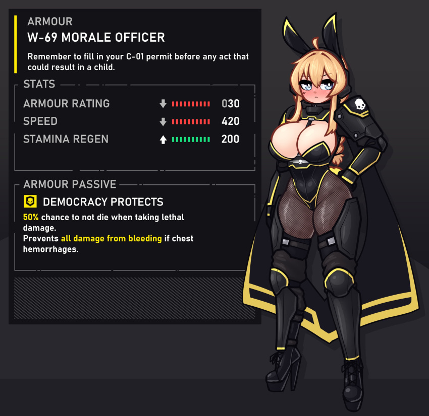 absurdres ahoge animal_ears arm_armor armor armored_boots black_pantyhose blonde_hair blue_eyes blush boots braid breasts bright_pupils cape english_text fake_animal_ears fishnet_pantyhose fishnets gameplay_mechanics hair_between_eyes helldivers_(series) high_heel_boots high_heels highres indie_virtual_youtuber large_breasts limebreaker long_bangs looking_at_viewer mole mole_under_eye pantyhose pauldrons playboy_bunny shoulder_armor single_braid thigh_boots whiskey_project white_pupils