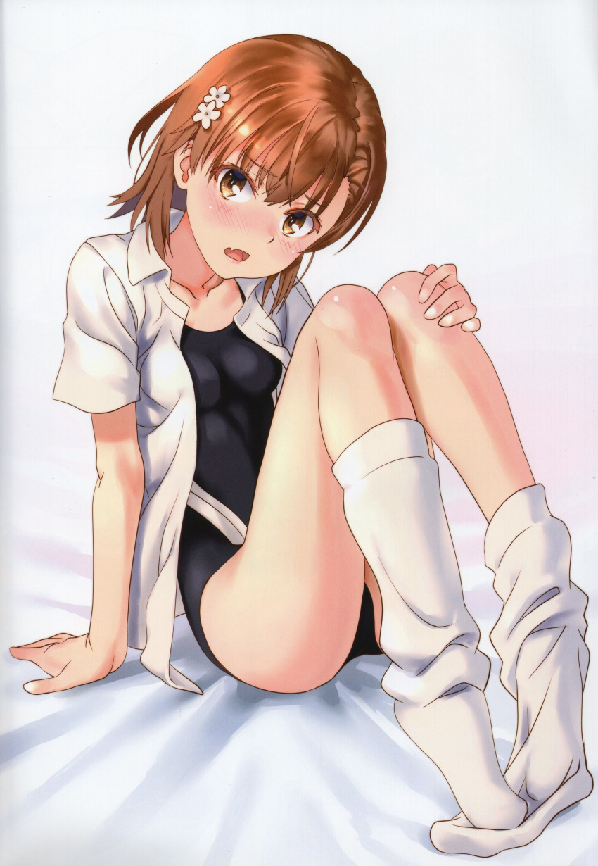 1girl absurdres arm_support bare_legs bed_sheet black_one-piece_swimsuit blush breasts brown_eyes brown_hair collarbone collared_shirt competition_swimsuit crease dress_shirt fang flower full_body hair_flower hair_ornament hand_on_own_knee head_tilt highres knees_up looking_at_viewer loose_socks medium_hair misaka_mikoto non-web_source one-piece_swimsuit open_clothes open_mouth open_shirt raika9 scan shirt short_hair short_sleeves simple_background sitting small_breasts socks solo summer_uniform swimsuit swimsuit_under_clothes thighs toaru_kagaku_no_railgun toaru_majutsu_no_index white_background white_flower white_shirt white_socks