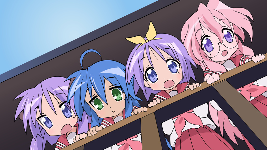 4girls :o ahoge bespectacled blue_eyes blue_hair blush bow glasses green_eyes hair_bow highres hiiragi_kagami hiiragi_tsukasa izumi_konata long_hair lucky_star mole multiple_girls open_mouth pink_hair purple_eyes purple_hair school_uniform seifuku serafuku short_hair takara_miyuki twintails vector vector_trace violet_eyes