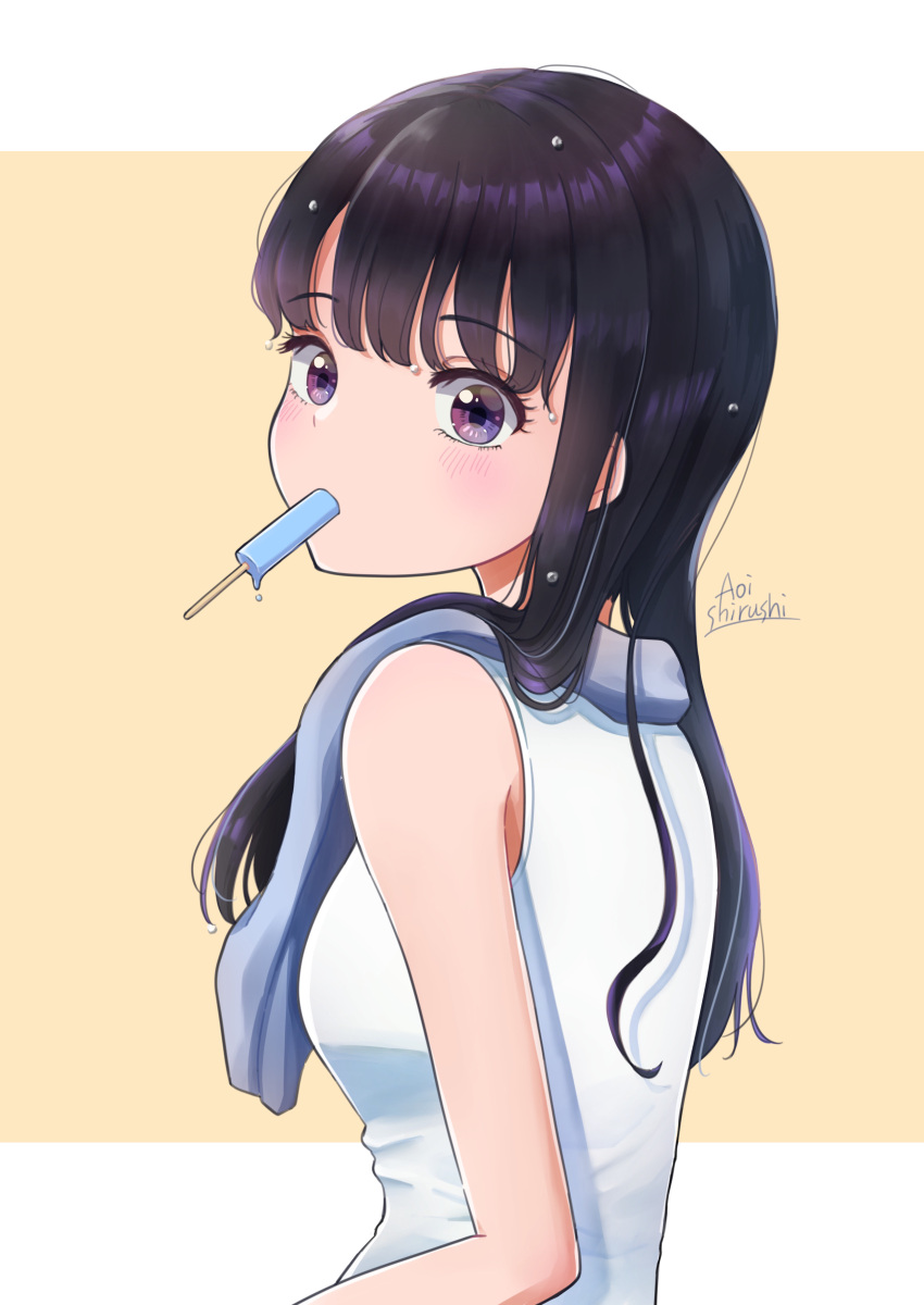 1girl absurdres after_bathing bare_arms black_hair blush food from_behind highres inoue_takina konatsu_miki looking_at_viewer looking_back lycoris_recoil medium_hair popsicle purple_eyes solo tank_top upper_body