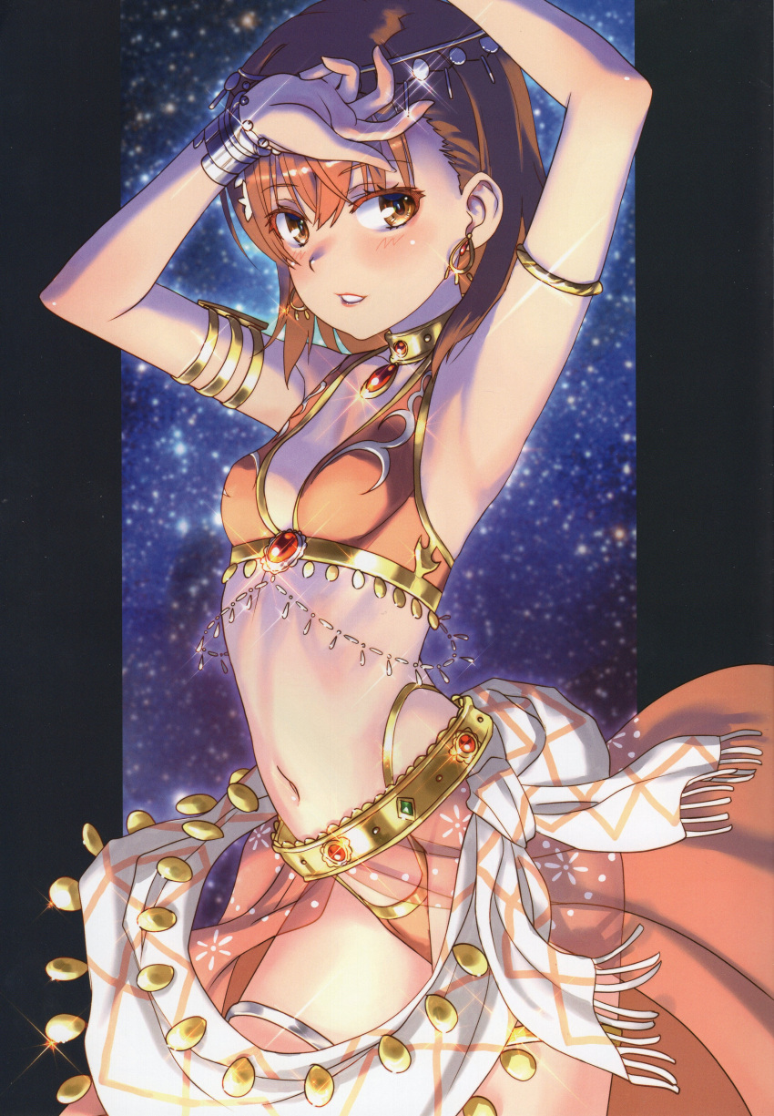 1girl absurdres alternate_costume arabian_clothes armlet armpits arms_up bikini blush bracelet breasts brown_eyes brown_hair cowboy_shot dancer earrings gem gold harem_outfit highleg highres jewelry letterboxed looking_at_viewer misaka_mikoto navel non-web_source outside_border parted_lips raika9 red_gemstone scan short_hair skirt small_breasts smile solo starry_background stomach swimsuit thighlet toaru_kagaku_no_railgun toaru_majutsu_no_index