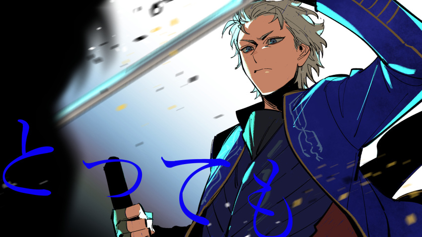 1boy blue_coat blue_eyes coat devil_may_cry_(series) devil_may_cry_3 fingerless_gloves gloves hair_slicked_back highres holding male_focus solo sword vergil_(devil_may_cry) weapon weibo_2285870614 white_hair yamato_(sword)