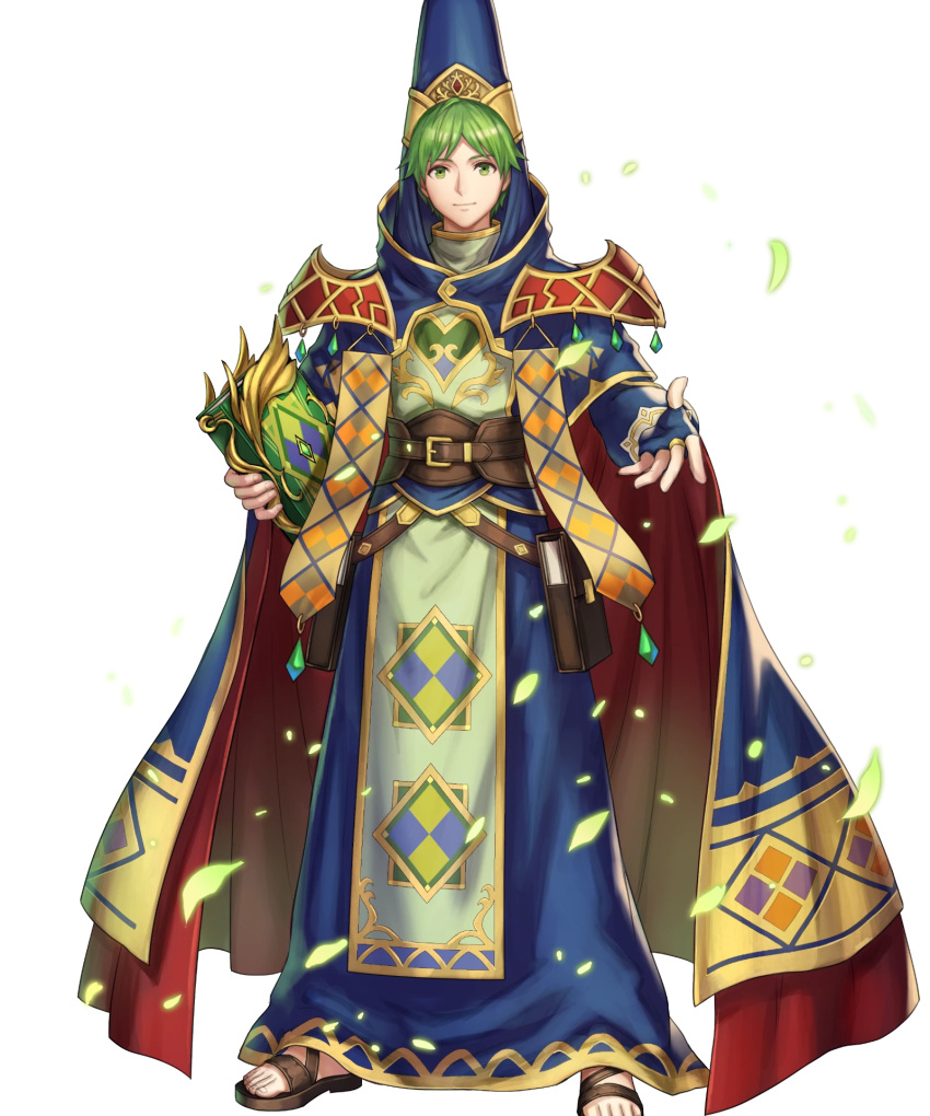 1boy blue_cape blue_gloves book cape dark_blue_gloves fingerless_gloves fire_emblem fire_emblem:_mystery_of_the_emblem fire_emblem_heroes gloves green_eyes green_hair highres holding holding_book looking_at_viewer merric_(fire_emblem) merric_(wind_pontifex)_(fire_emblem) multicolored_cape multicolored_clothes non-web_source official_alternate_costume official_art pointy_hat reaching reaching_towards_viewer red_cape sandals short_hair smile solo tachi-e