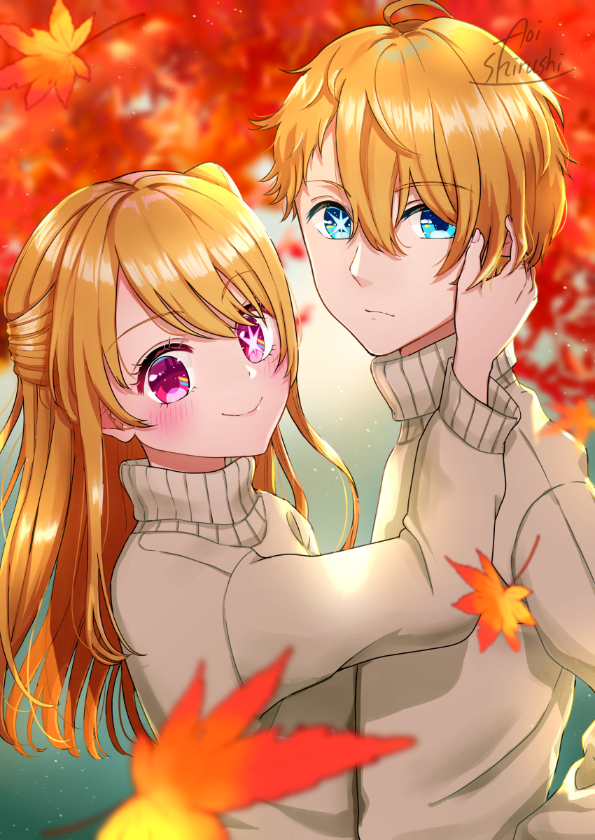 1boy 1girl absurdres autumn_leaves blonde_hair blue_eyes blush commentary_request hand_on_another's_ear highres hoshino_aquamarine hoshino_ruby konatsu_miki leaf long_hair looking_at_viewer maple_leaf oshi_no_ko profile purple_eyes short_hair smile upper_body