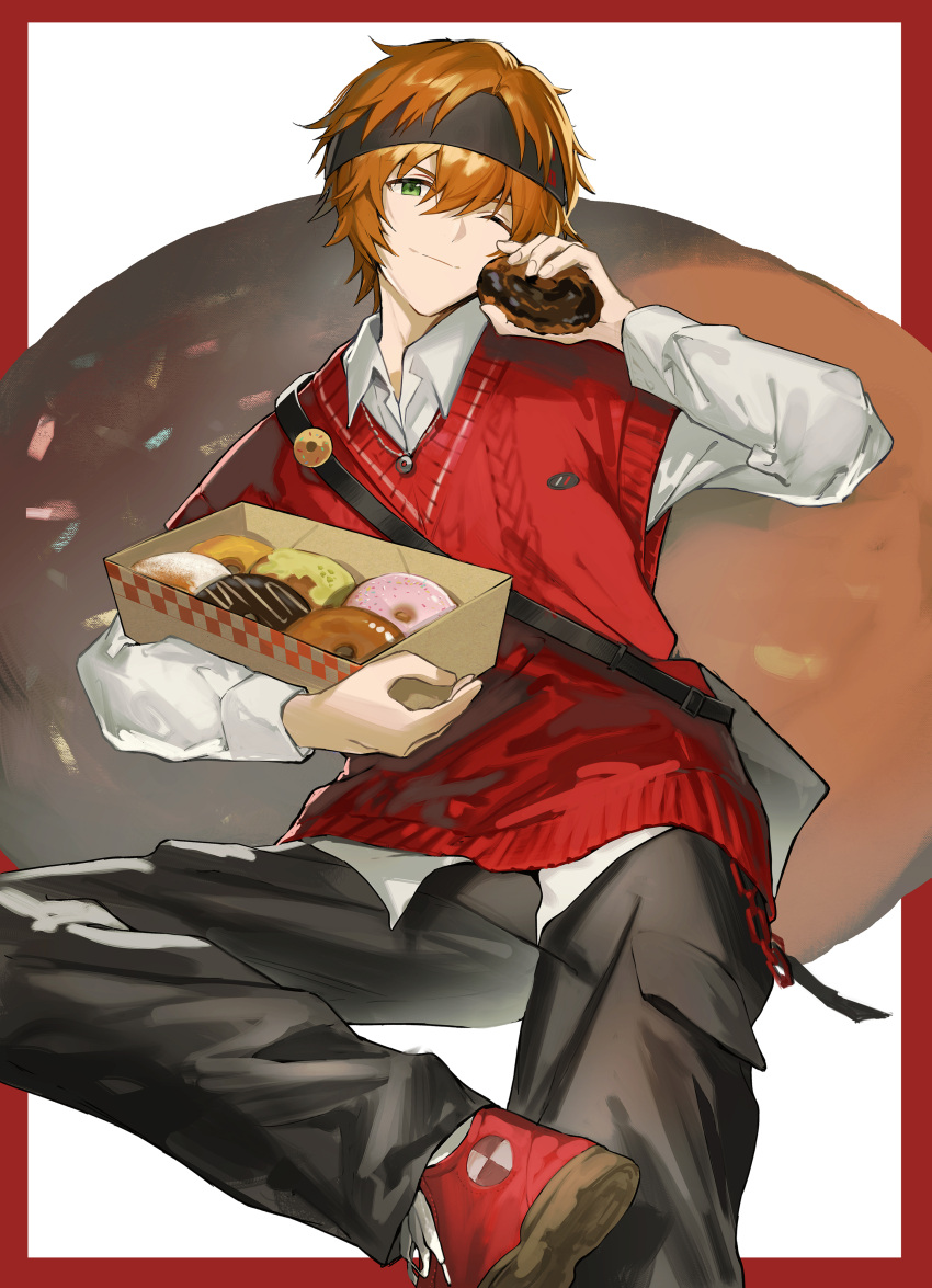 1boy absurdres black_pants border buttons collared_shirt commentary_request doughnut food foot_out_of_frame green_eyes hairband hayama_eishi highres holding holding_food idolmaster idolmaster_side-m long_sleeves looking_at_viewer male_focus one_eye_closed orange_hair oversized_object pants pastry_box red_footwear red_vest shirt shoes short_hair simple_background smile sneakers solo vest wakazato_haruna white_background white_shirt