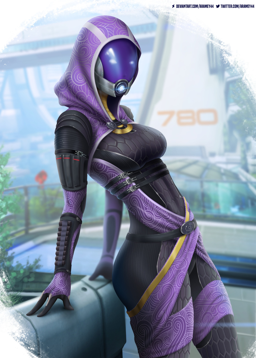 1girl absurdres alien aramey black_bodysuit bodysuit breasts deviantart_logo fewer_digits gloves glowing highres hood hood_up lake looking_at_viewer mass_effect_(series) mass_effect_3 medium_breasts purple_gloves quarian solo tali'zorah tree twitter_logo web_address