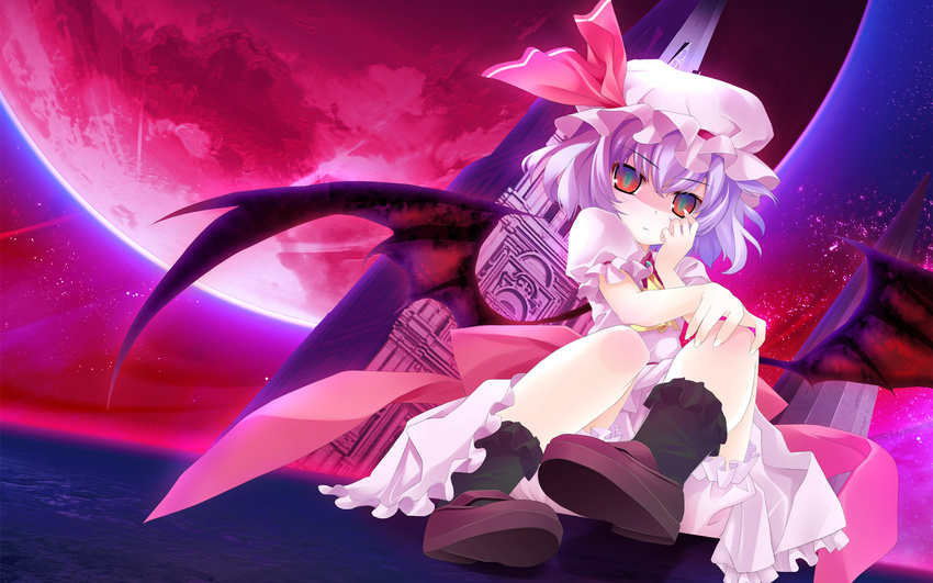 bat_wings black_legwear full_moon hat highres lavender_hair moon red_moon remilia_scarlet short_hair solo tororo touhou wallpaper wings