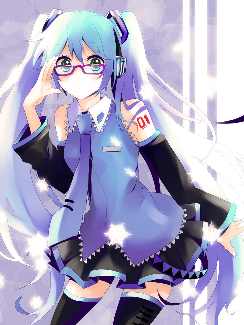 aqua_eyes aqua_hair bespectacled colorized detached_sleeves glasses hatsune_miku headphones highres long_hair necktie skirt solo thighhighs twintails very_long_hair vocaloid yume_shokunin zettai_ryouiki